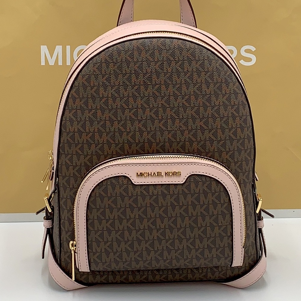 MICHAEL KORS JAYCEE MEDIUM ZIP POCKET BACKPACK BROWN /PINK SIGNATURE COLOR